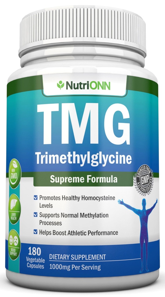 TMG Trimethylglycin Supplement - 1000 mg - 180 kapsler - Premium ren Betaine Anhydrous - støtter normal Homocystein & blodtrykksnivåer - fremmer metyleringsprosessene - Ikke-GMO Formula