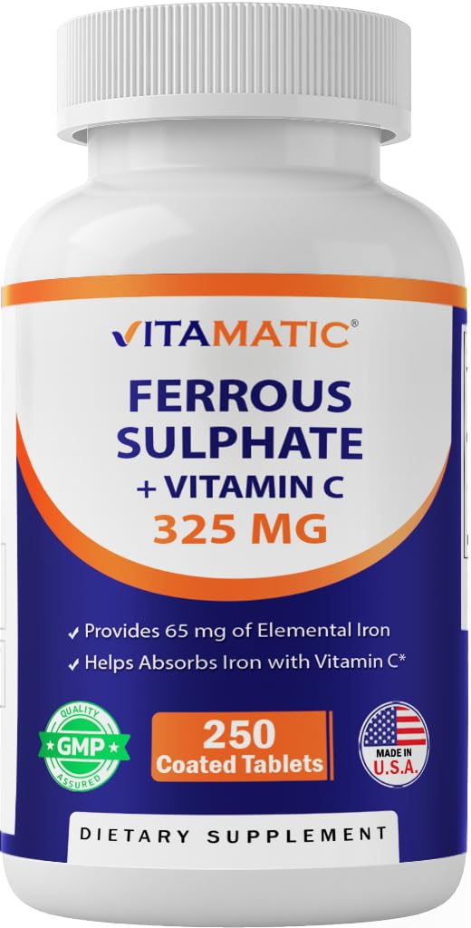 Vitamatisk Ferrous Sulfat 325 mg med vitamin C 100 mg (65 mg elementalt jern) – høy styrke jern Supplement - Ingen kunstige farger – 250 belagte tabletter, laget i USA