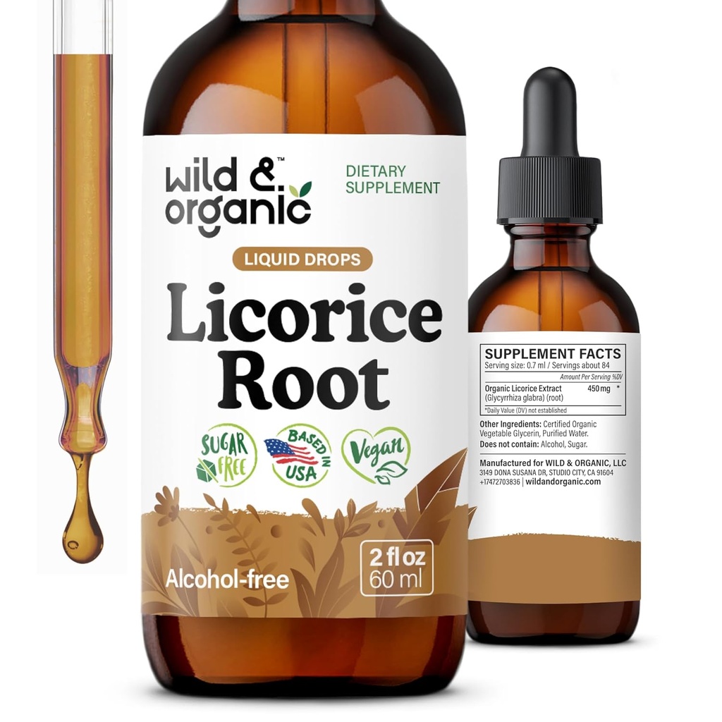 Wild & Organic Licorise Tinktur - Digestiv støtte - ren lakrits Root Extract Drops - Glycyrriza Glabra - Vegansk, Sukker og alkoholfrit Supplement - 2 fl oz