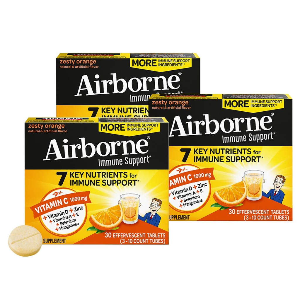 Airborne 1000 mg vitamin C + sink sukker gratis multivitamin immun støtte Effervescent Fizzy Drink Tabletter, Zesty Orange Flavor med kraftige antioksidanter vitaminer A C & E, 30 tabletter (3 pakke)