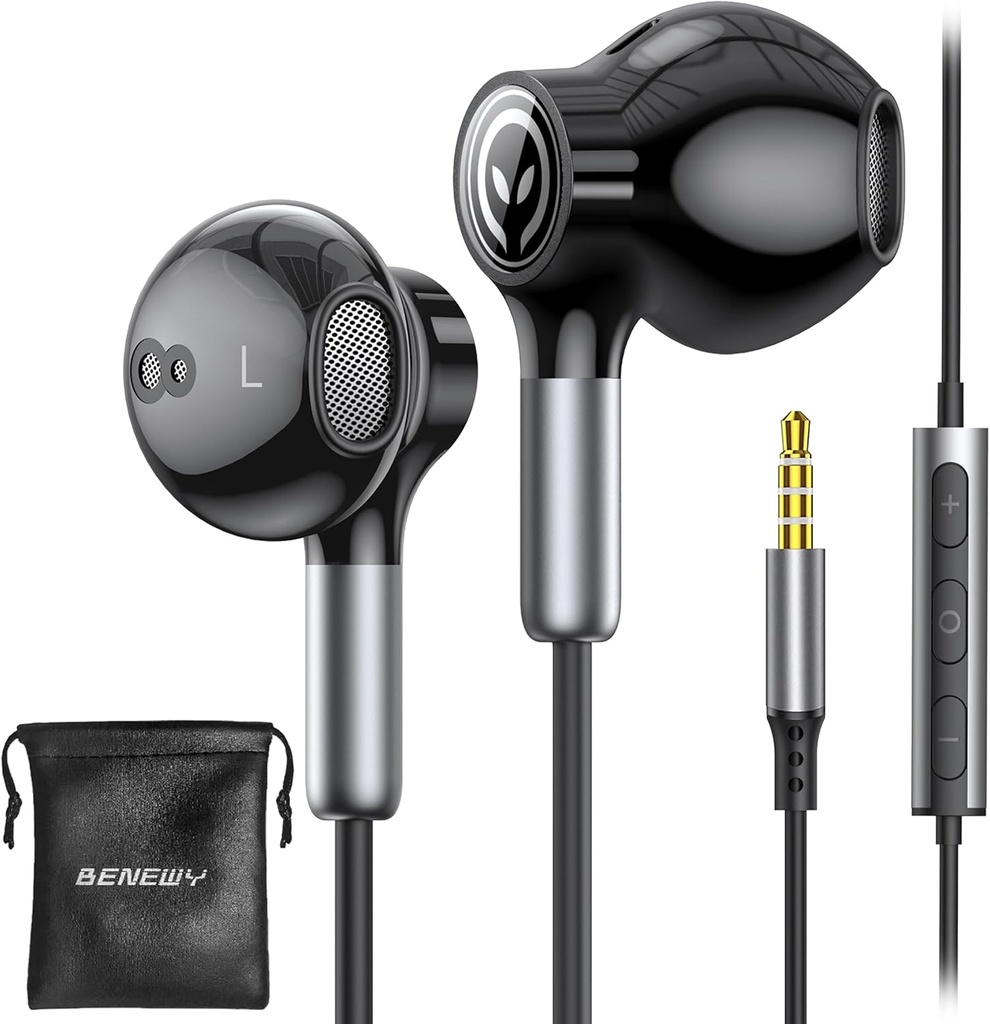 BENEWY Wired ørepropper med mikrofon, Wired øretelefoner i øret hodetelefoner, volumkontroll, kraftig bass og klar lyd, 3,5 mm Jack ørepropper for iPhone, iPad, bærbar datamaskin, MP3