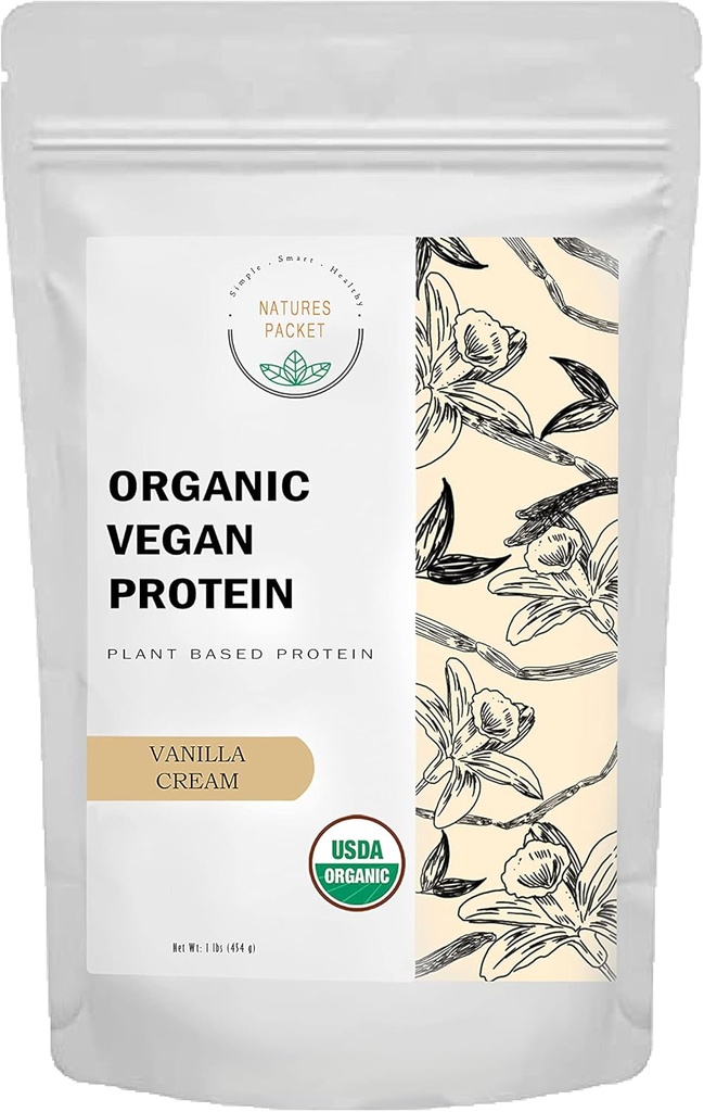 Organic Vegan Protein Powder - Plantebasert protein, Vanilla Flavor - Non Dairy, Laktosefri, Ingen sukker tilsatt, Glutenfri, Soyafri, Ikke-GMO, Ketogen Vegan blanding - 1 lb, 16 Ounce