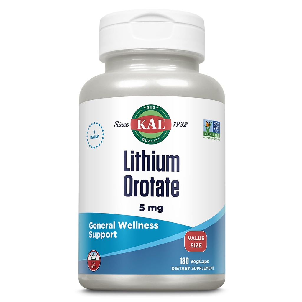 KAL Litium Orotat 5 mg, lav dose litium Supplement for generell velvære Mood Support, svært biotilgjengelig, Vegan, 60-dagers garanti, 180 serveringer, 180 Vegkaps