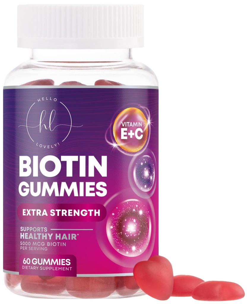 Håret Vitaminer Gummy med Biotin 5000 mikrog - Håret vekst støtte med vitaminer E & C for tykkere, sterkere og vakkert hår - Håret hud og negler Vitamin for kvinner, ikke-GMO, Glutenfri - 60 Gummies