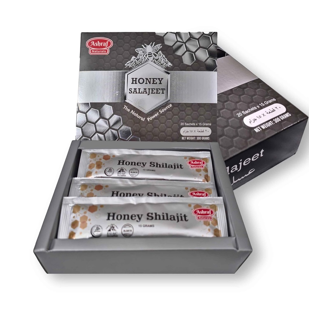 Naturlig Shilajit Honning Sticks 15 Gram Hver 20 Sticks - Shilajit Resin med ren rå honning, Fulvic Acid & Trace Minerals, Plantebaserte næringsstoffer for energi, Vitality & Immune Support |20 Sticks