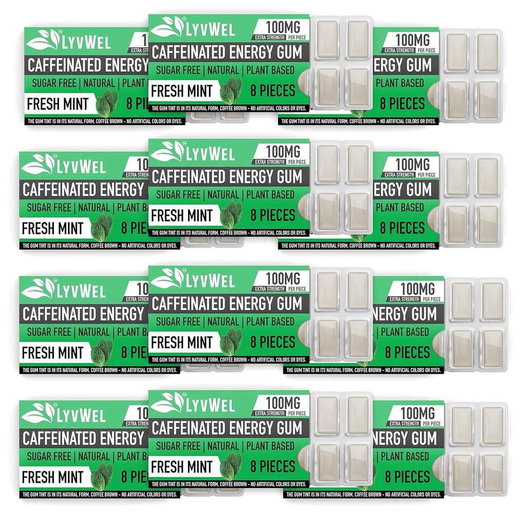 LyvWel Energi Gum | 100mg Koffein per edel | Alt naturlig | Sugar-Free Pre-Workout Boost: din essensielle energi supplement til å holde seg våken-kartong 12 pakke (mint- 12 pakke)