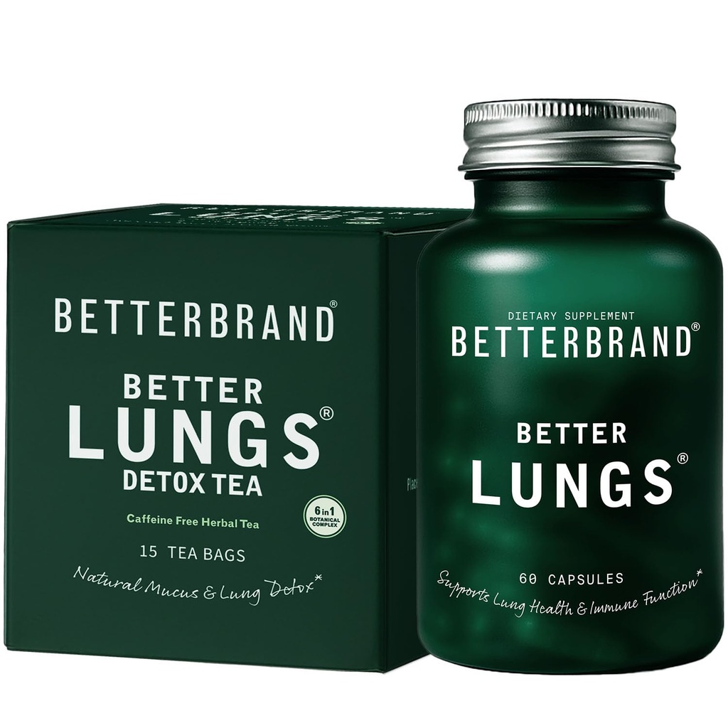 Betterbrand Bedre Lungs Helse Pack - BedreLungs & BetterLungs Detox Tee Bundle - daglig ansvarlig helsetilskudd - 15X Herbal Te poser + 60 Kapsler