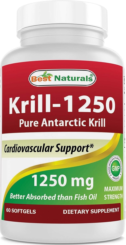 Beste Naturals Pure Antarctic Krill Oil 1250 mg (trippel styrke) med Omega-3s EPA, DHA og Astaxanthin 60 Softgels