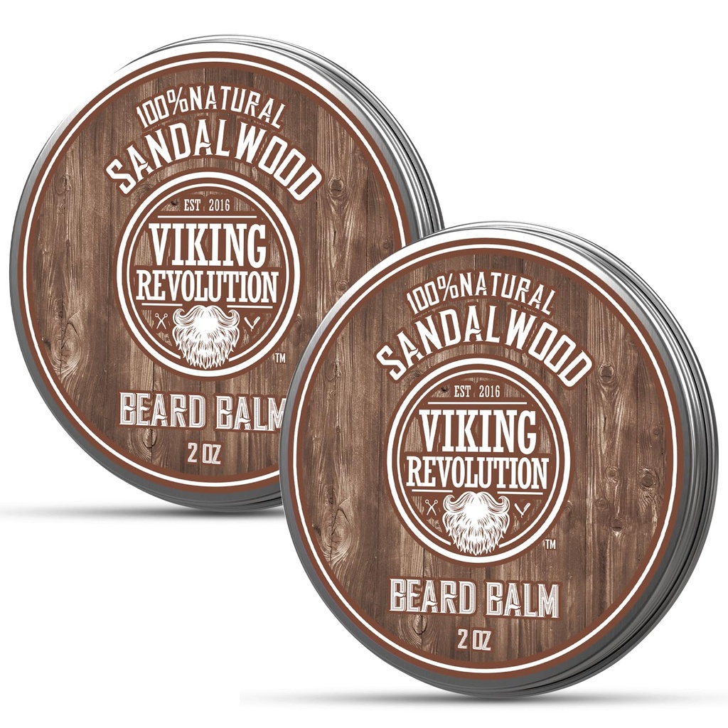 Viking revolusjon Sandalwood Beard Balm - Beard Butter med Argan Olje, Beard Softener for menn med Jojoba olje - Beard Moisturizer for menn med bivoks - Beard Wax for menn (2oz, 2 Pack)