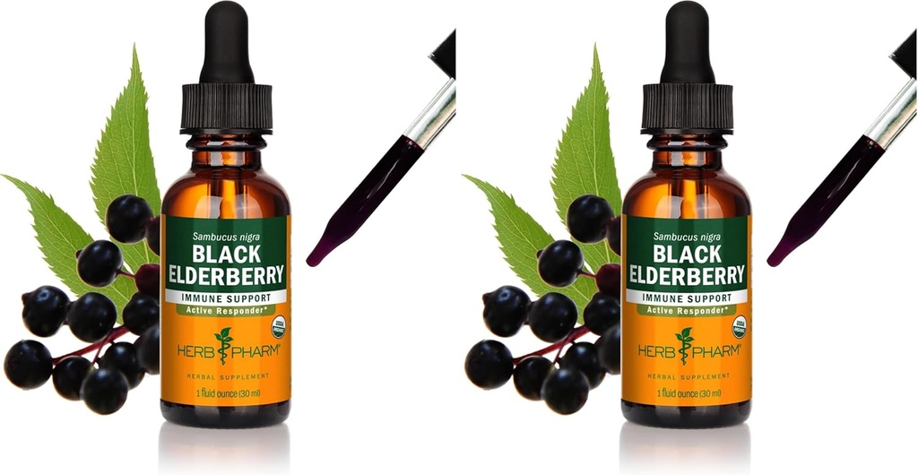 Herb Pharm Certified Organic Black Elderberry Liquid Extract for immunsystem støtte, Organic Cane alkohol, 1 Oz (pakke på 2)