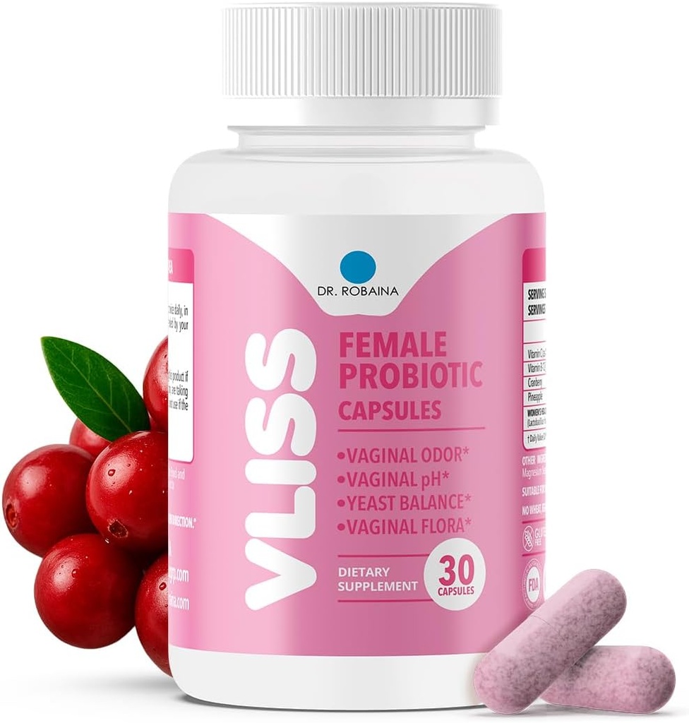 Dr. Robaina Women’s Daily Vaginal Probiotic + Cranberry & Pineapple, 5 B CFU Lactobacillus (rhamnosus, reuteri, gasseri, crispatus), pH Balance & Odor Control, Vitamin C & B-12, 30 Vegan Kapsler