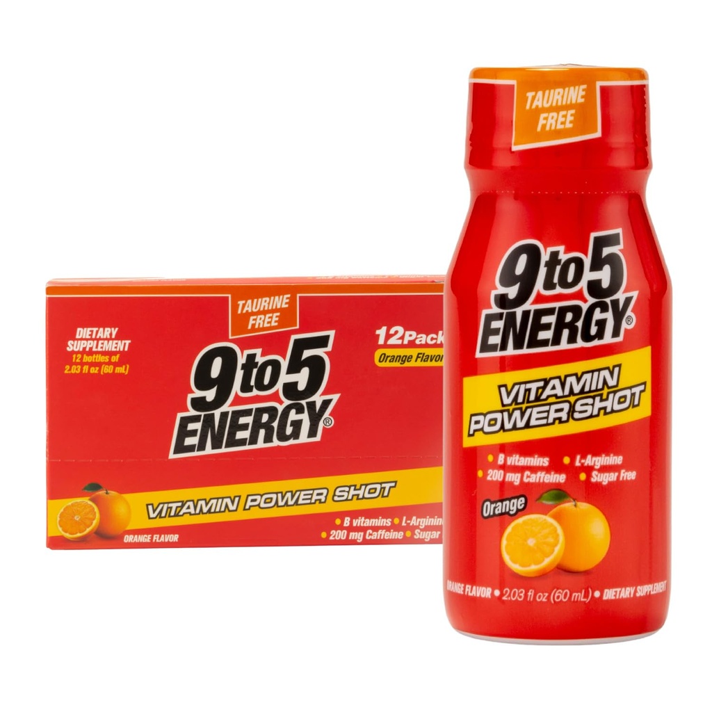 Vitamin Power Shot - Orange Flavor, Taurinfri, Sukkerfri, 12 Pack (2.03 fl oz Hver) - Økt energi, fokus og vitalitet med B vitaminer og L-Arginine