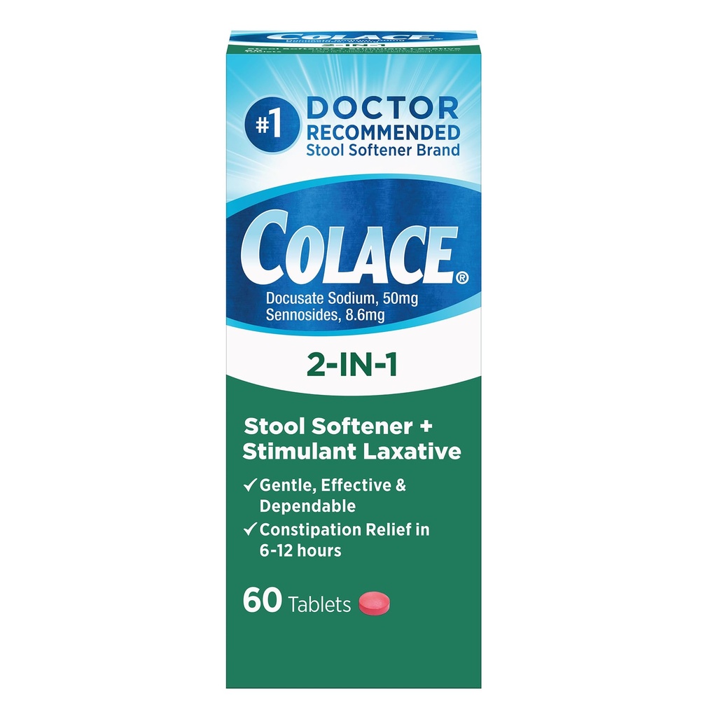 Colace 2-in-1 Stool Softener Plus Stimulant Laxativ for Gentle Effektive Accelerator Relief, Dokusat Natrium Plus Sennosider, 60 Teller