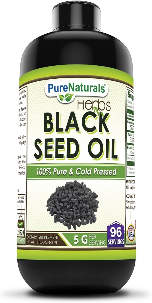 Pure Naturals Svart Seed Oil Supplement | 16 Oz | 5 G Per Serving | 96 Serveringer per flaske | Ikke-GMO | Glutenfri |