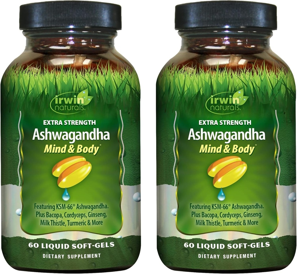 Irwin Naturals Extra Styrke Ashwagandha - 60 Flytende Soft-Gels - Hjelper Øke Fysisk & Mental ytelse - med Tumeric & Melke Thistle - 60 Services