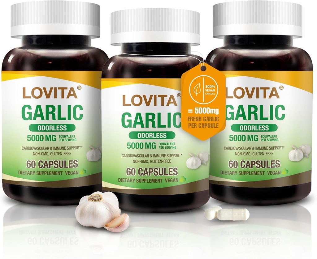 Lovita Odorless hvitløk kapsler, 5000mg fersk hvitløk ekvivalent, 1,25% allicin ekstrakt, støtter hjerte, blodtrykk, kolesterol og immunsystem, ikke-GMO, Glutenfri, 180 Vegankapsler