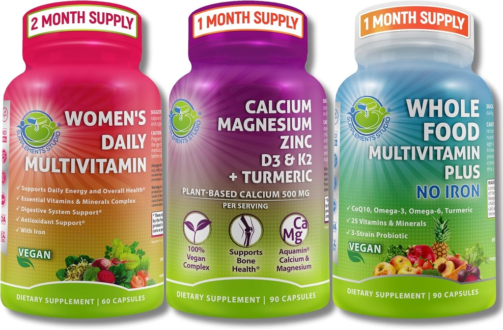 Vegan Multivitaminer & Kalsiumtrio – Hele maten Multivitamin med jern + kvinners daglige multivitamin med jern + plantebasert kalsium, magnesium, sink, D3, K2 & gurkemeie – energi, bein og immunstøtte