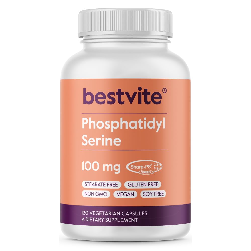 BESTVITE Fosfatidylserin 100 mg per kapsel (120 vegetariske kapsler) med Sharp-PS® Grønn - Patentert og klinisk testet - Stearate gratis - soya gratis - Glutenfri - Vegansk - Ikke GMO