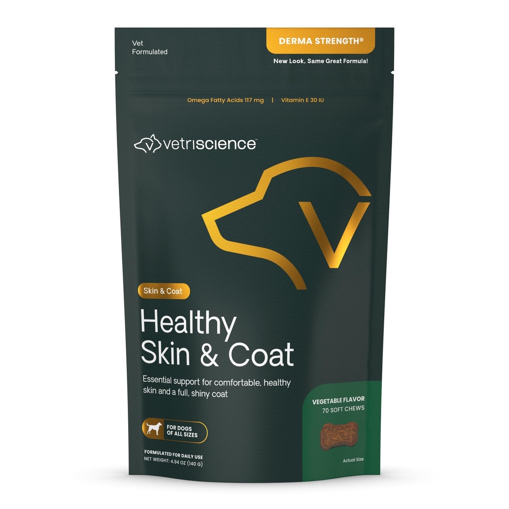 VetriScience Sunn Hud og Coat Chews, Derma Styrke Omega-3 Salmon Olje Supplement for hunder, Omega Hud og Coat Chews, Hud Helse, Coat Vekst, Fiskeolje og Vitamin E, Veggie, 70 greve