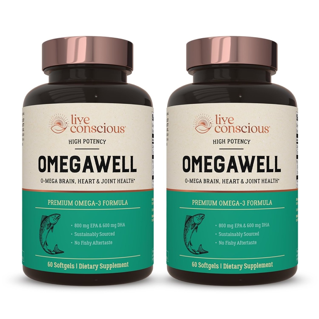 Live Conscious OmegaWell Fish Oil: hjerte, hjerne og felles støtte | 800 mg EPA 600 mg DHA - Enteric-coated, Sustainable Sourced - lett å svelge 120 greve (2-Pack)
