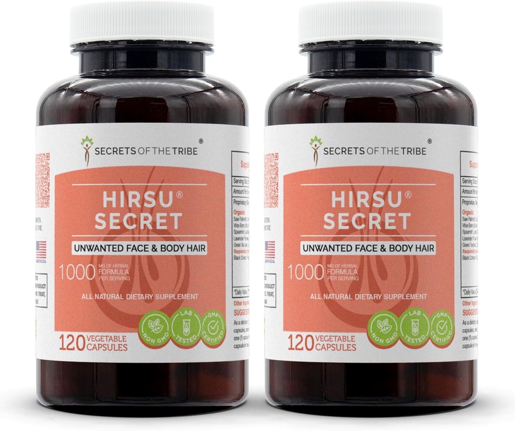 Hirsu Secret 120 Capsules(2 stk.), 1000 mg, Sag Palmetto, Svart Cohosh, Vitex, Spearmint, Lavender, Grønn Te. Uønsket ansikt og kroppshår (2x120 kapsler)