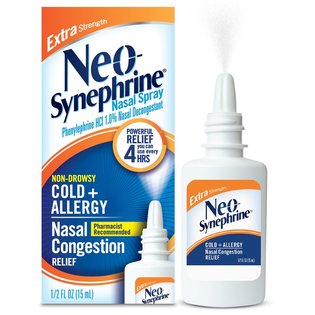 Neosynephrine, Nasal Spray for Cold Sinus Relief Extra Styrke, Klar, 0,5 Fl Oz