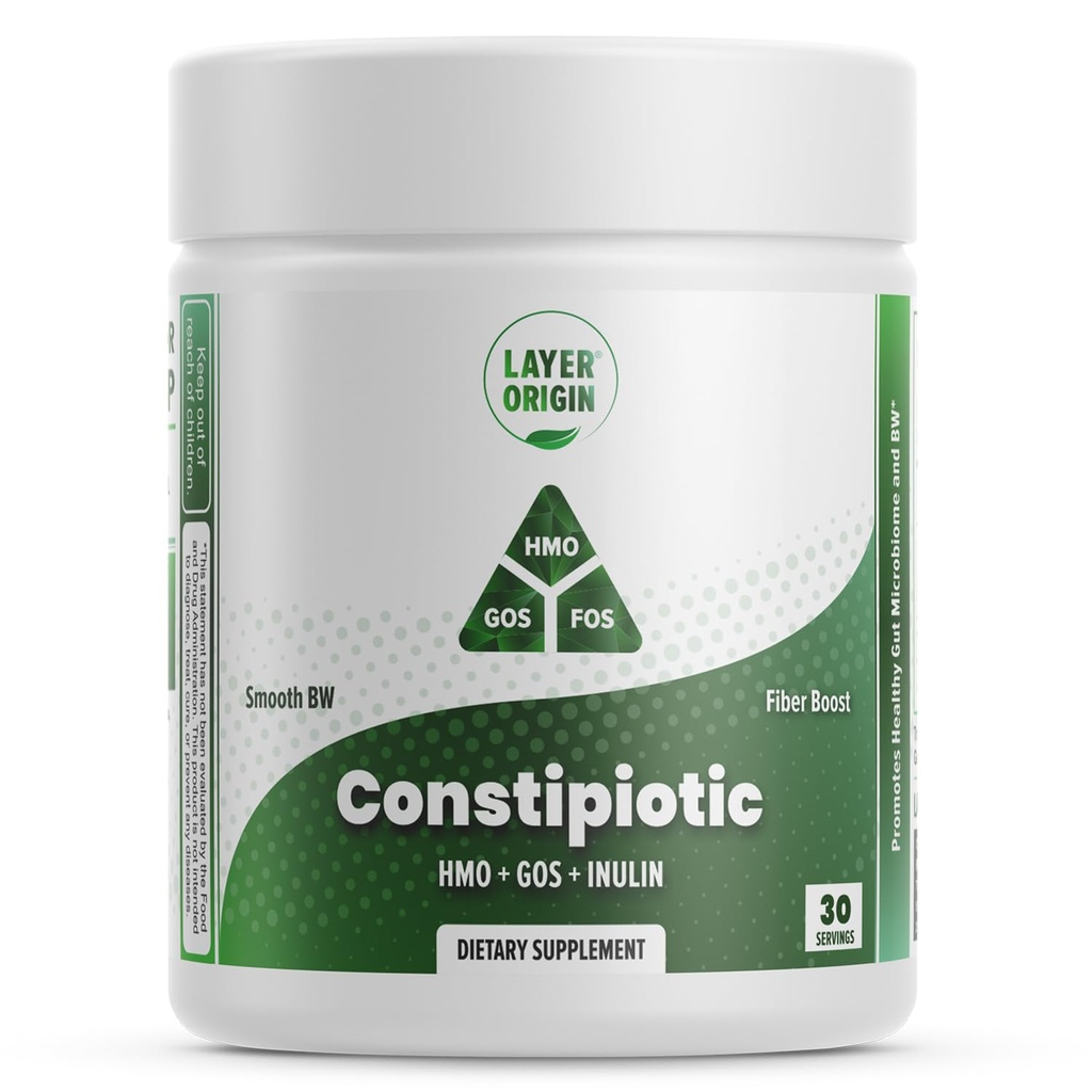 Layer Opprinnelse Constipiotisk Prebiotiske Fiber til Ease Bowel Bevegelse og støtte Regelmessighet - 4,4 g Per Serving - HMO 2'FL, GOS, Inulin FOS - 30-dagers levering - Uslavored, Ingen smak, Oppløse enkelt