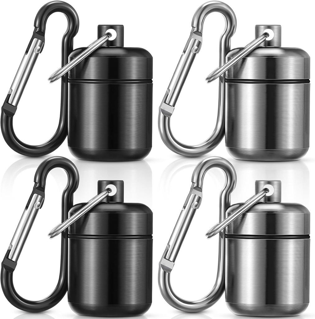 Hicarer 4 Pack ørepropp bære saken bærbare piller holder saken vanntett metall liten piller container Carrier for ørepropper og smykker holdere (svart, grå)