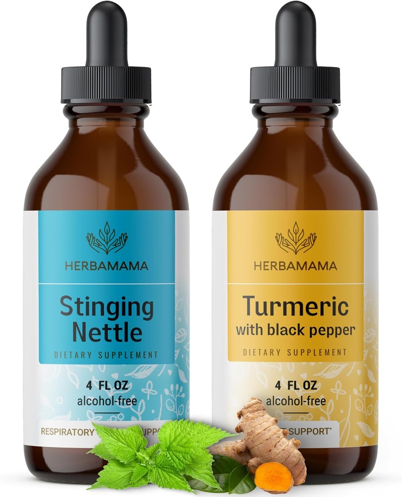 HERBAMAMA Herbal flytende dråper Kit - Bundle of Stinging Nettle & Turmeric Curcumin Tinkture 4 fl oz - Vegansk, ikke-GMO, Sukker & alkohol-fri - 2 Pack