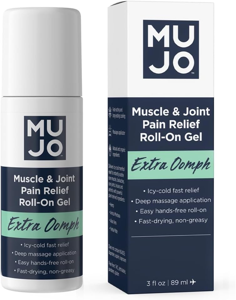 MUJO Extra Oomph — Hurtig smerte relief Roll-On Gel + Organic Menthol + ICY Muscle Relief + Fast-Acting Menthol + Aloe + Arnica — for leddet og ryggen Akser — 3 fl oz