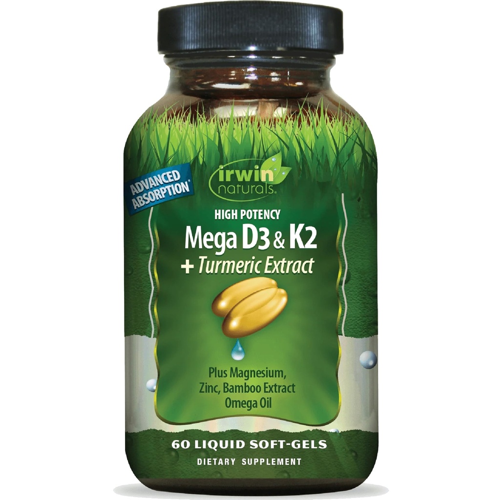 Irwin Naturals høy styrke Mega D3 & K2 + gurkemeieekstrakt - 60 flytende softgels - sunne bein og immunfunksjon