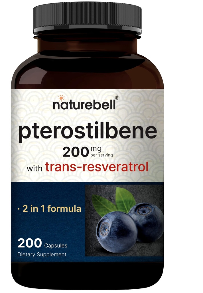Pterotilbene med 98% Trans-Resveratrol, 200mg Per servering, 200 kapsler | naturlig laget fra vilde blåbær – Antioksidant kosttilskudd for sunn aldring støtte – ikke-GMO