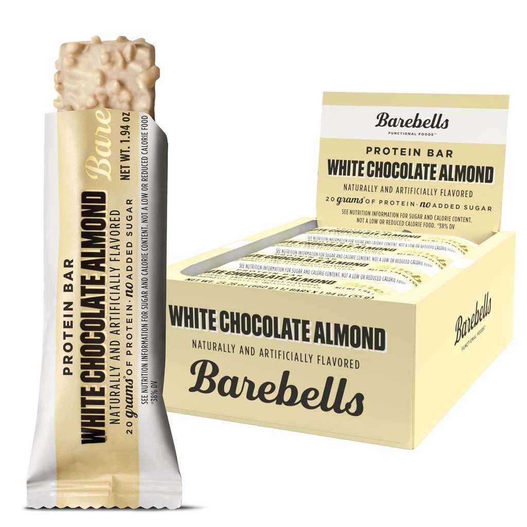 Barebells Protein Bars Hvit sjokoladealmond - 12 greve, 20g høyproteinbehandling - Sjokolade ernæringsbar med 1g Total Sukker - On-The-Go Frokost eller post-Workout Snack