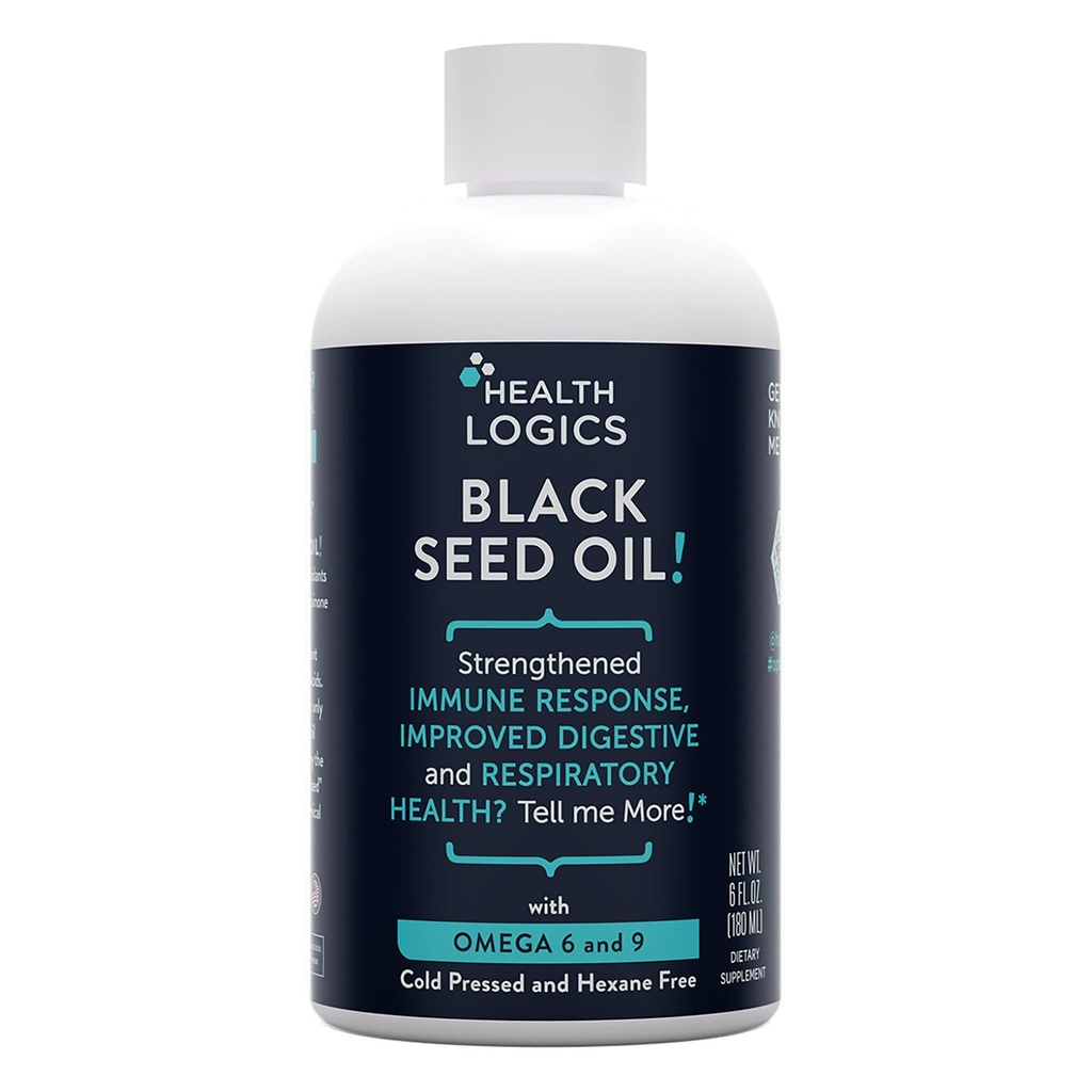 Helse Logikk Svart frøolje | Rik kilde til Omega 6 & Omega 9 | Ren kaldt presset svart cuminfrøolje for pustende, digestiv og immunhelse | 6 fl oz