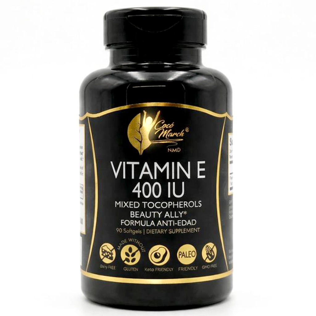 Cocó March N.M.D Naturlig Vitamin E 400 IU-Mixed Tocopherols, Skjønnhet alliert, 3 måneders forsyning - Glutenfri, Paleo vennlig, Dairy Free, Keto vennlig, GMO Gratis, 100 Softgels