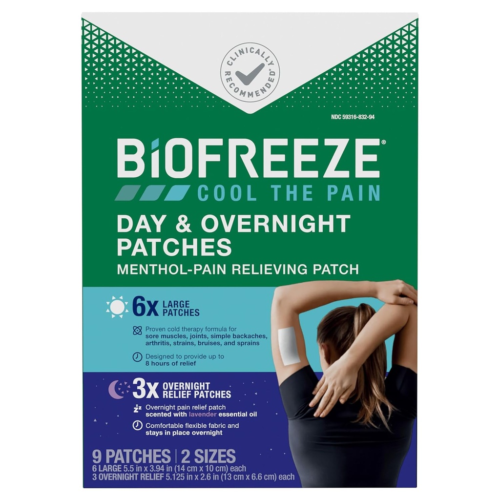 Biofreeze Dag & Overnatting Smerte Redaksjon Patches, Menthol Smerte Patches for ledgikt og muskelsmerter Relief, Komfortabel og fleksibel stoff Opphold på sted, FSA / HSA kvalifisert, 9 Patches (6 dag, 3 natt)