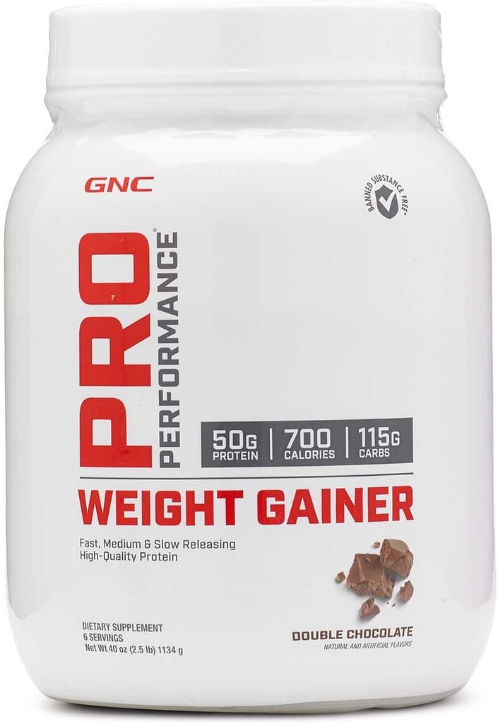 GNC Pro ytelse vekt gevinster protein pulver, 50g protein, høy kalorie, 700 kalorier, støtter masse og muskel gjenoppretting, MCT, BCAA, tredje part testet, doble sjokolade, 6 serveringer, 2,5 lbs