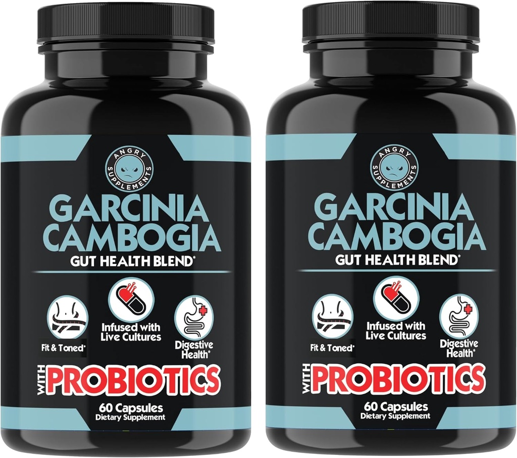 Angry Supplements Garcinia Cambogia med Probiotika, Gut Helse Multivitamin v. Vitaminer A, C, D, E, K, B2, Sink, Selenium, Kobber, Chromium + Herbal Blande Kapsler (2-flasker, 120ct Total)