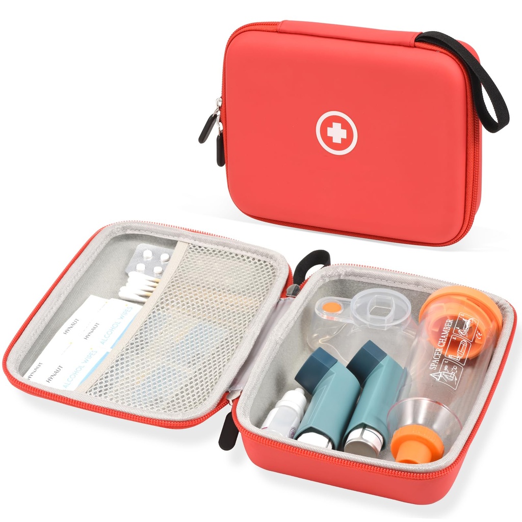 Fukumi Hard Travel Case for Astma Inhaler, Inhaler Spacer Case for barn og voksne, Masker, Astma Tilbehør Case med Mesh Pocket for medisin og andre tilbehør, rød (kun tilfelle)