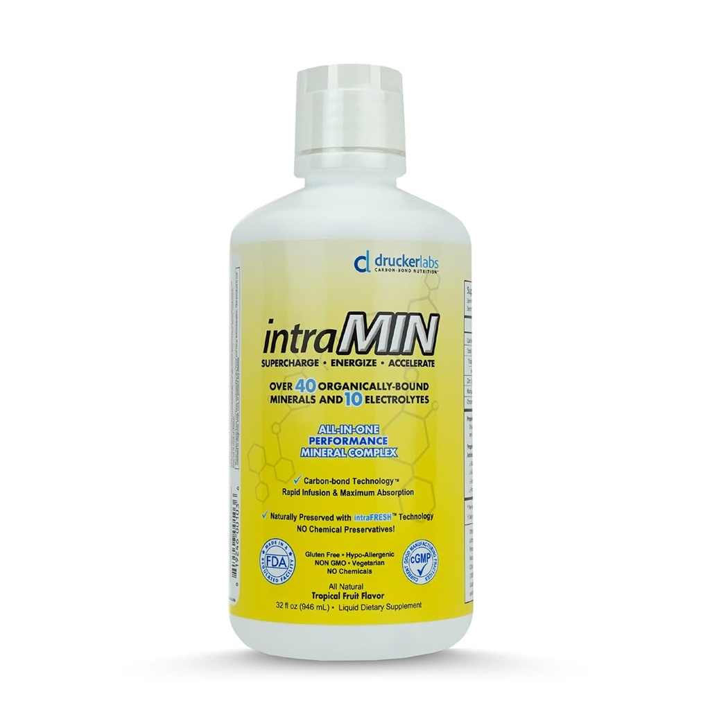 DRUCKER Labs - Intramini organiske flytende spor Mineraler Kosttilskudd for menn, kvinner, barn, immun støtte, muskel støtte, ikke GMO, Glutenfri, Vegan, Elektrolytter (32 oz., Tropisk frukt Punch)
