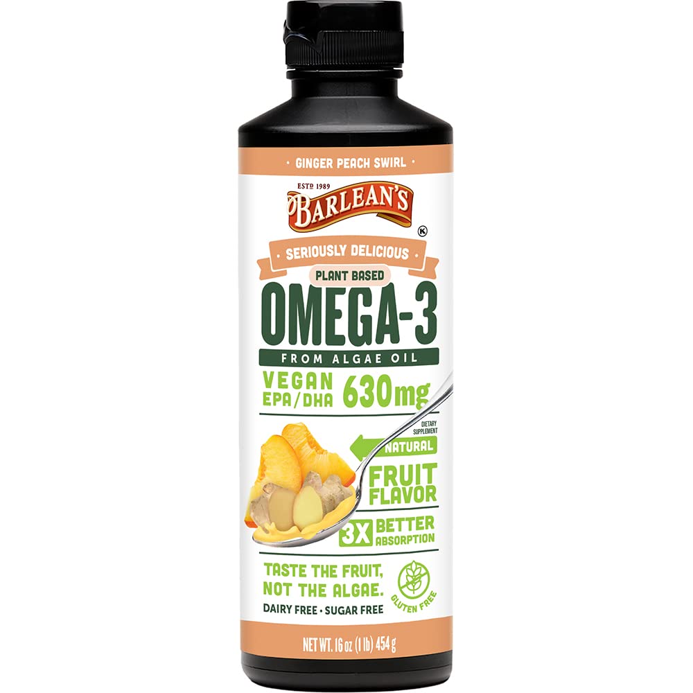 Barlean 's Ginger Peach Vegan Omega 3 Supplement, flytende Algae olje med 630 mg EPA & DHA, plantebaserte omega fra Algal olje, ikke-GMO & Glutenfri, 16 oz