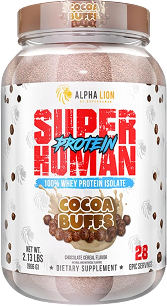 ALPHA LION Superhuman Whey Protein Powder, Great Tasting ren Whey Protein Isolate, lav carb, lav sukker, ingen Bloat Post Trening, Muskelgjenvinning og vekst (28 Serveringer, Cocoa Buffs)