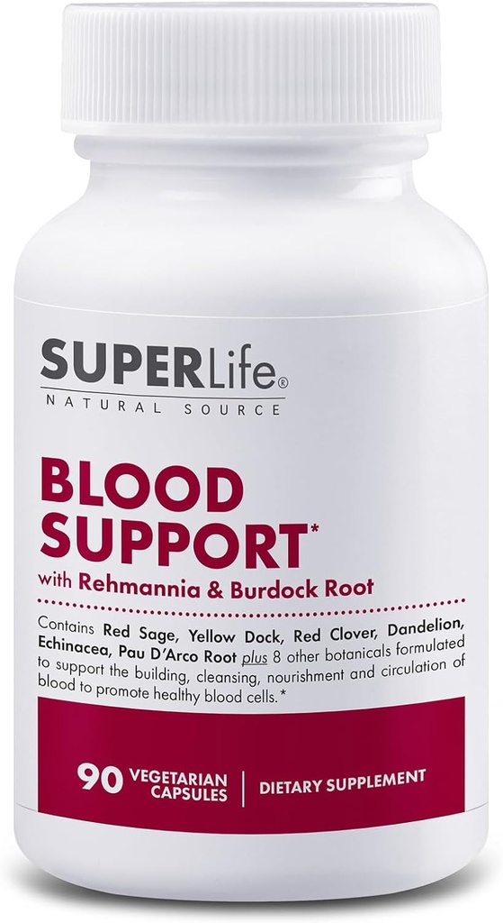 Blodstøtte - med Rehmannia, Dandelion, Rød Clover, Burdock Yellow Dock, Echinacea & Pau D'Arco | fremmer bygging, rensing, nourishment og sirkulasjon av blod | Supplement - 90 kapsler