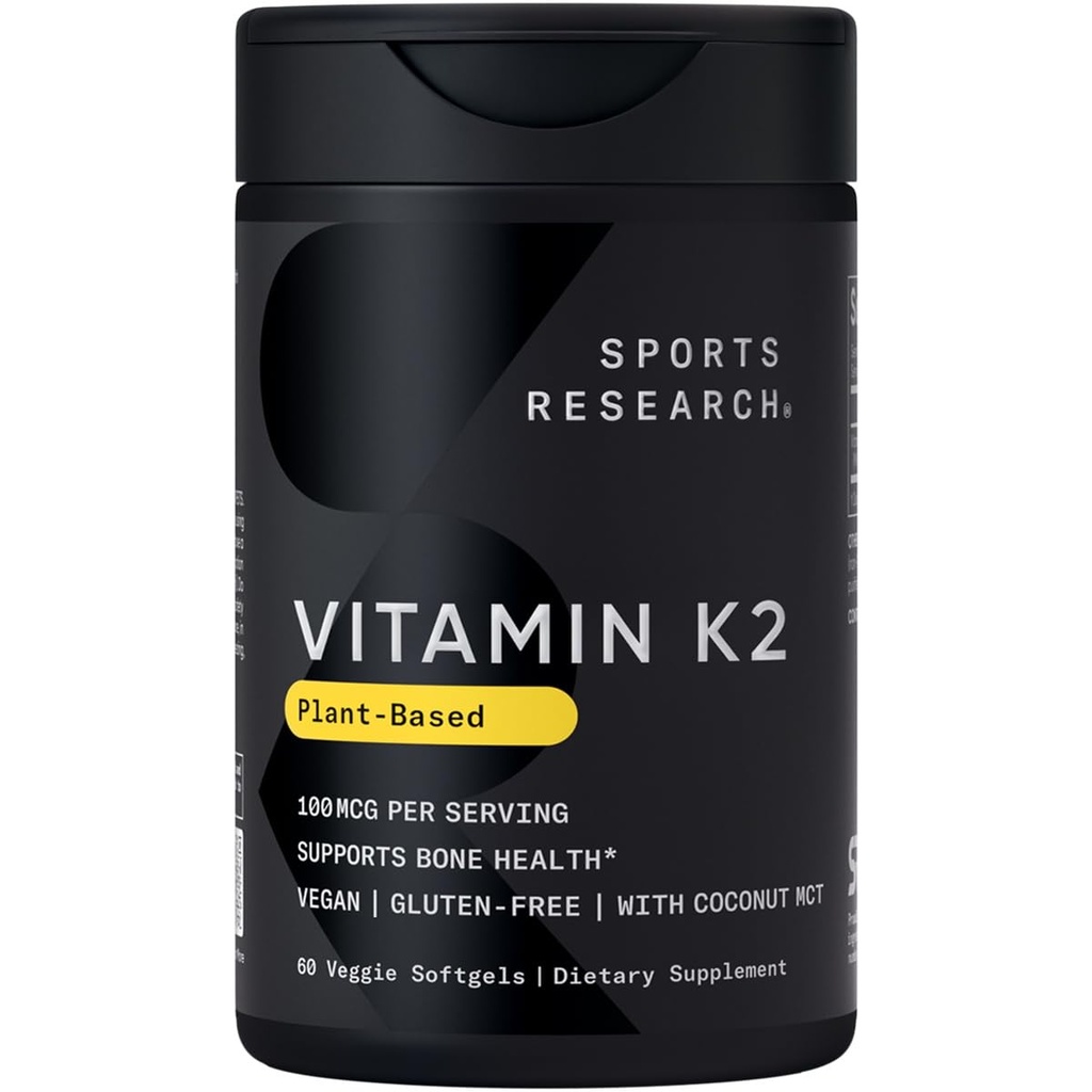 Idrettsforskning® vitamin K2 som MK-7 100mcg med kokos MCT olje - 60 Veggie Softgels (2 måneders forsyning) Vegansk sertifisert, ikke-GMO verifisert, Gluten og soya Gratis