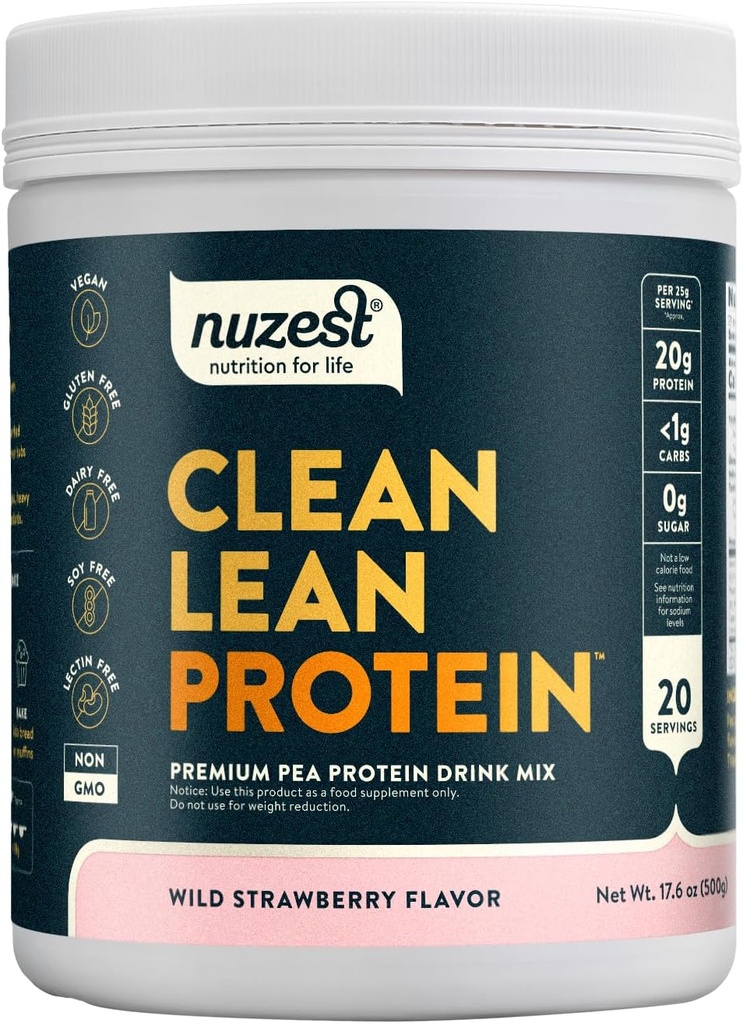 Nuzest - Pea Protein Powder - Clean Lean Protein, Premium Vegan Plant Basert Protein Powder, Dairy Free, Glutenfri, GMO Free, Protein Shake (1,1 Pound (Pack of 1), Wild Strawberry)