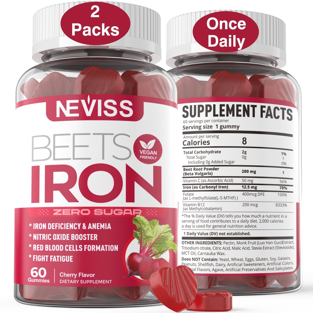 Beet Root Gummies med jern, Methyl B12, Folat, vitamin C - Økt nitric oksid & jern nivåer, energi støtte, bekjempe tretthet, beetroot og gentle jern supplement, sukker gratis, 120 greve