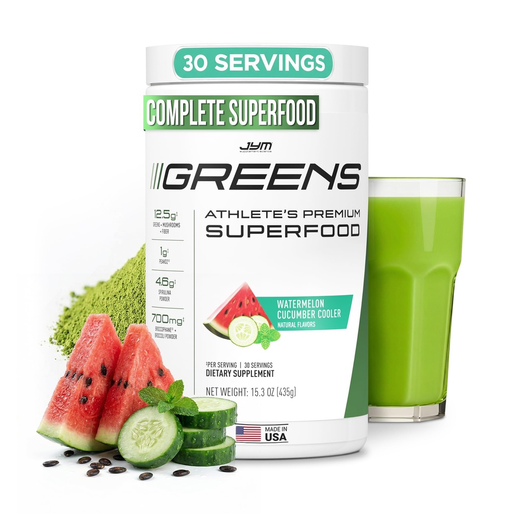JYM Greens Super Mat pulver for ytelse, vannmelon kukumber, Spirulina, Mushrooms, Vitaminer, BroccoPhane & Broccoli, Menn og kvinner, 30 Services