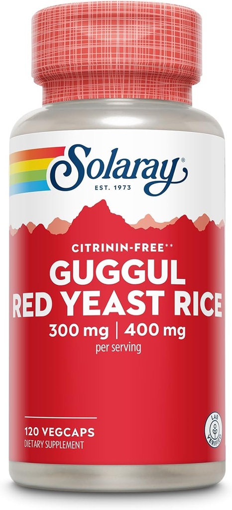 SOLARAY Guggul Gum Extract & Red Yeast Rice - Sunn Cardiovaskulær funksjonsstøtte - Lab Verifisert - 60 Services, 120 Vegkaps