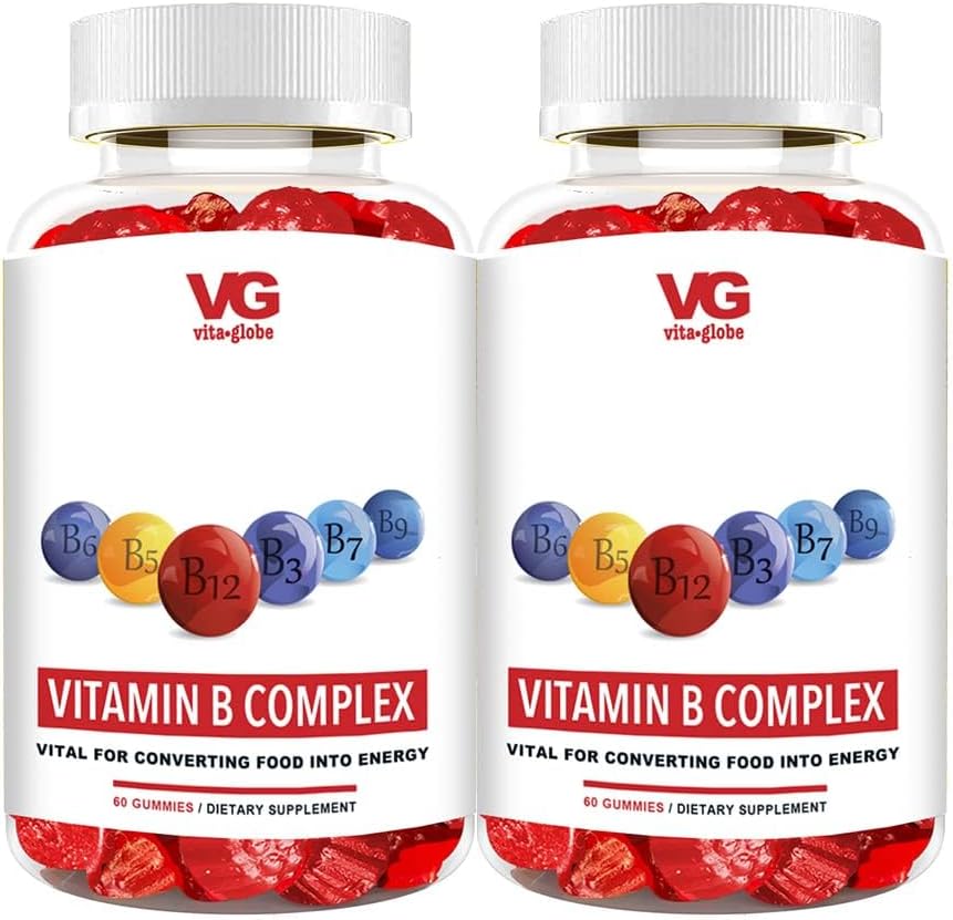 VITA GLOBE B Complex Gummy Vitaminer - Strawberry Flavor med vitamin C, Niacin, B6, B12 & Biotin for energi, hjerte helse og hjerne støtte, 120 greve (Pack of 2)