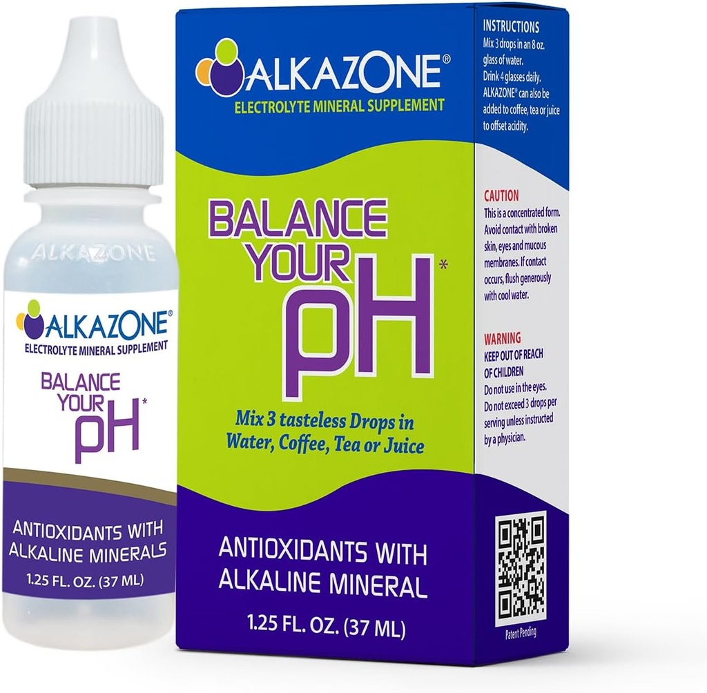 Alkazone Balanse Din pH, Antioksidanter Alkaline Mineral Drops, Enkelt 1.25 Oz Pack, Bærbar, Gir 10 Galloner av alkalisk, antioksidant Vann, Uflavorert, pH Balance, Hydration
